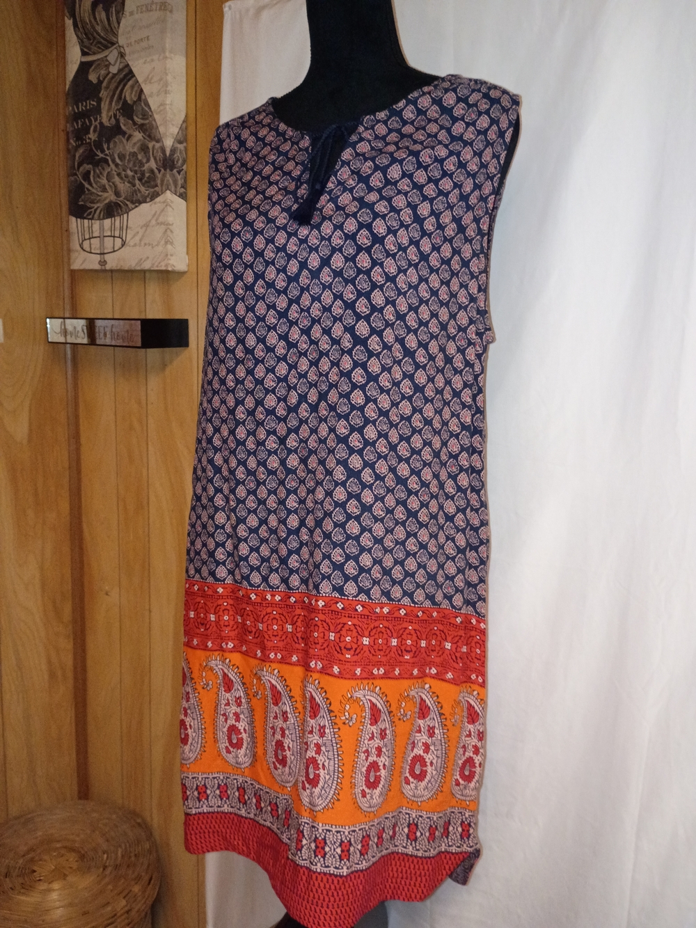 beachlunchlounge Navy Blue, Orange and Red Printed Sleeveless Dress
